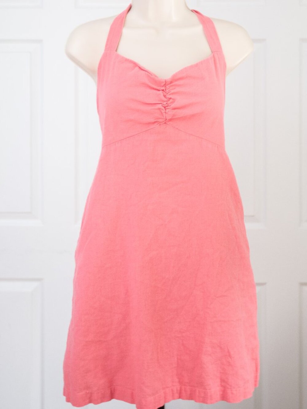 Coral Halter Linen Sundress with Ruched Front and POCKETS!